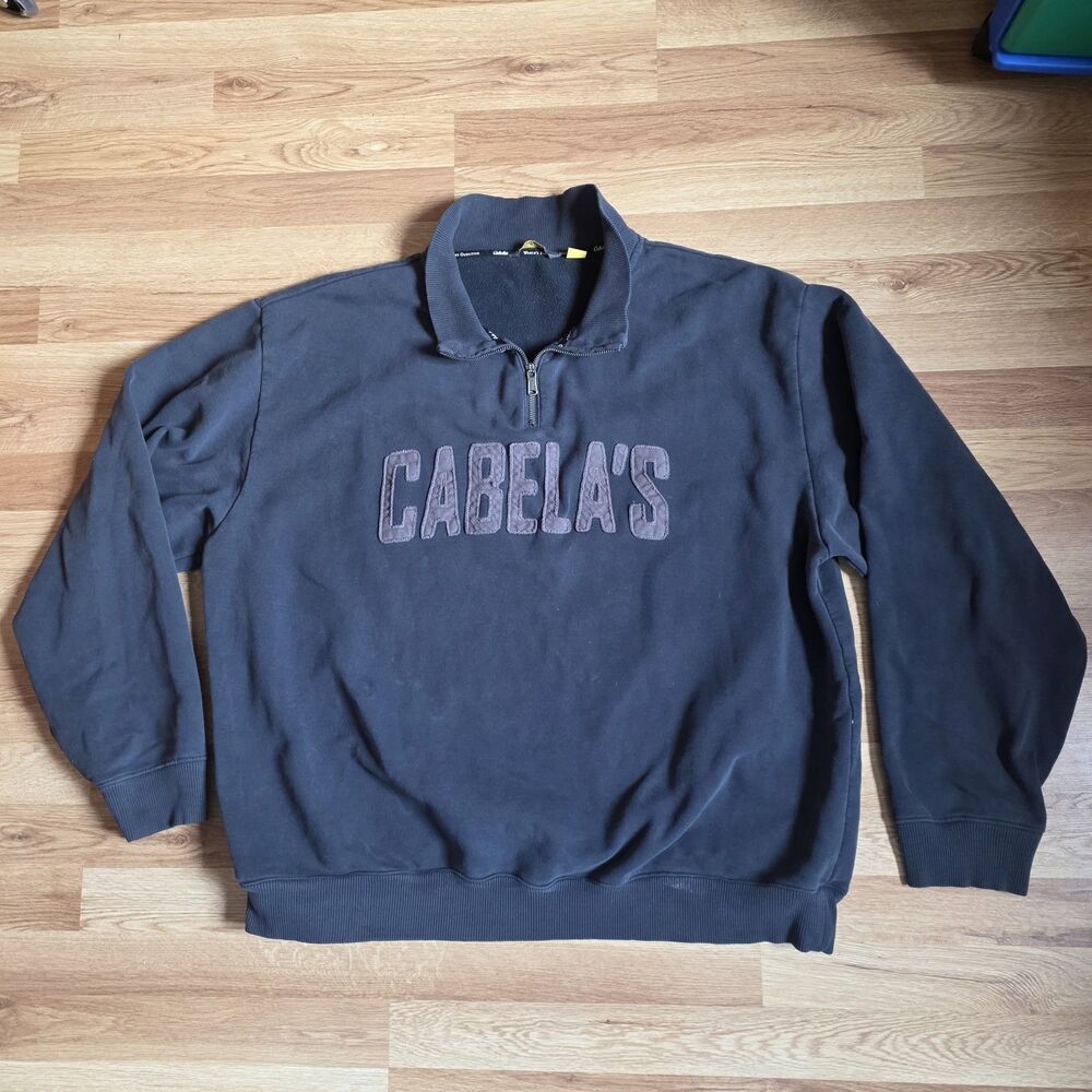 Cabelas Sweatshirt Mens 2XL Blue Spell Out 1/4 Zip Long Sleeve Pullover